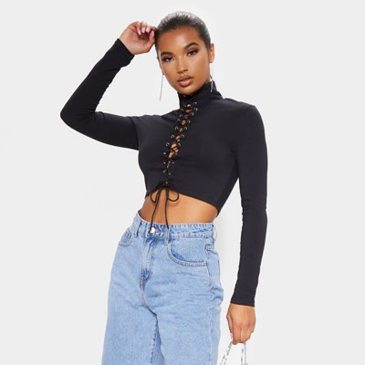 European and American cross-border foreign trade tight fitting front bandage women's summer bottoming shirt with exposed navel and slim fitting bottoming women European and American cross-border foreign trade tight fitting front bandage women's summer bottoming shirt with exposed navel and slim fitting bottoming women